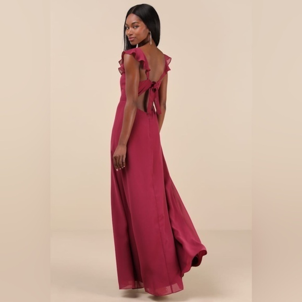 NEW Sweetest Entrance Dark Magenta Ruffled Tie-Back Maxi Dress Bridesmaid Chic